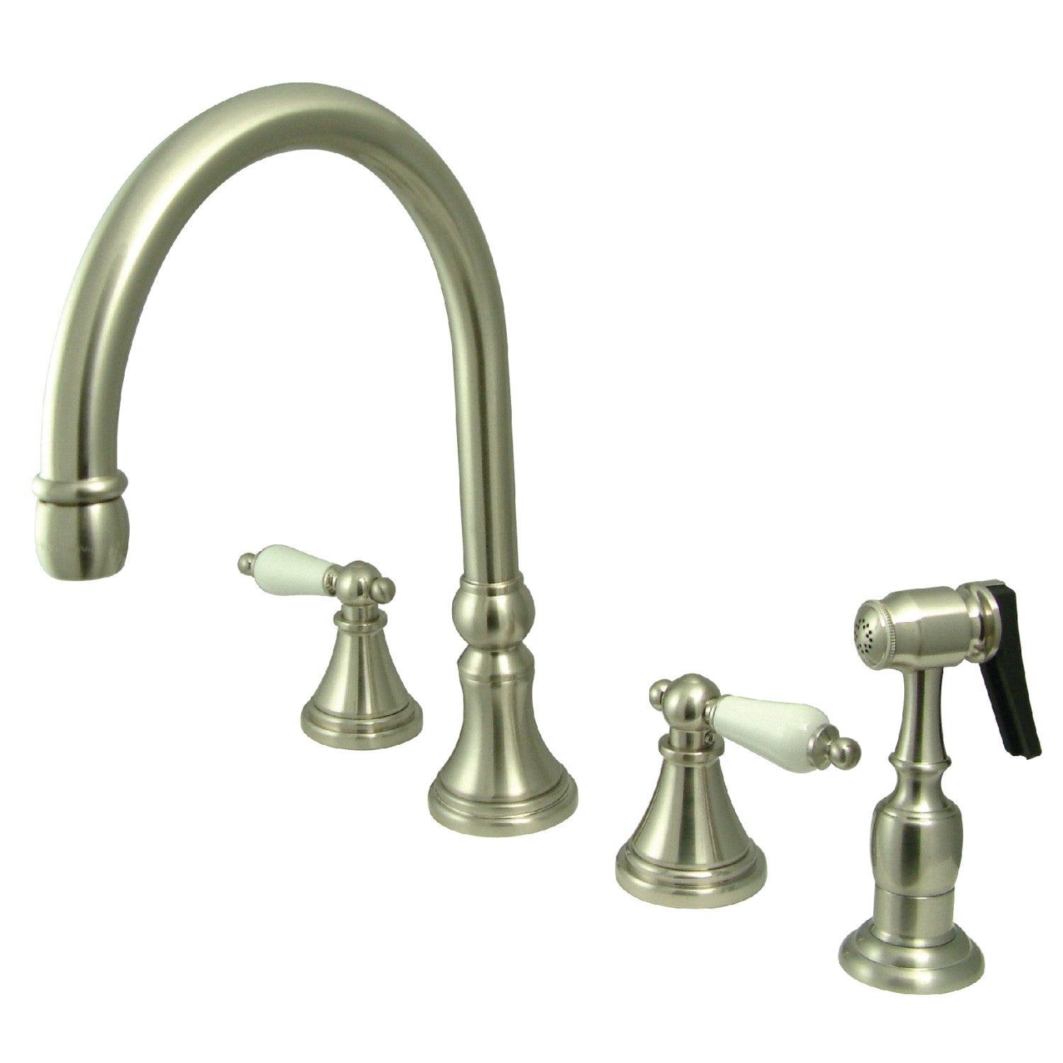Kingston Tulare KS2798PLBS - Governor Double-Handle 4-Hole Widespread Kitchen Faucet with Brass Sprayer, Brushed Nickel — image 1
